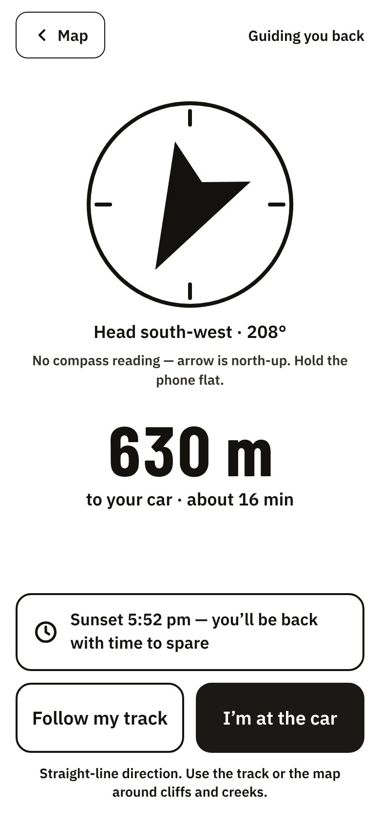 Pickable's Back to car screen: a big arrow, 630 m to your car, about 16 minutes, and a sunset reminder.