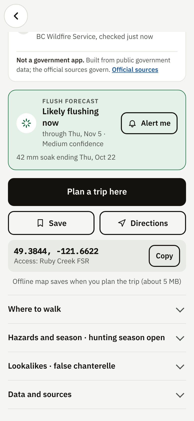Pickable Pro's flush forecast for Deer Lake and Slollicum Lake: likely flushing now, medium confidence, after a 42 mm soak.
